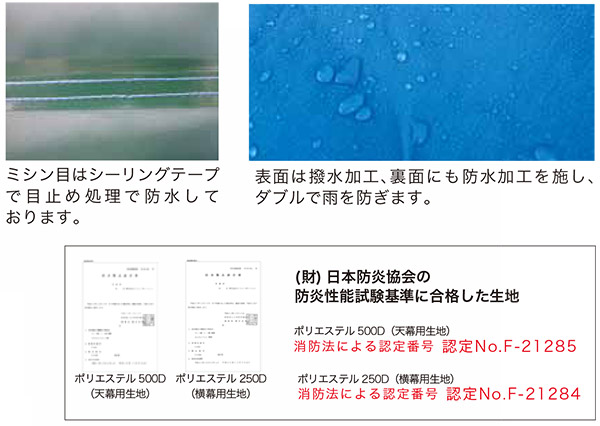 天幕はUVカット99%以上・防水加工・防炎加工を施したポリエステル500Dを採用。 かんたんてんと3