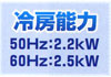 冷房能力,50Hz：2.2kW（1時間の電気代：約18.6円）,60Hz：2.5kW（1時間の電気代：約23.1円）