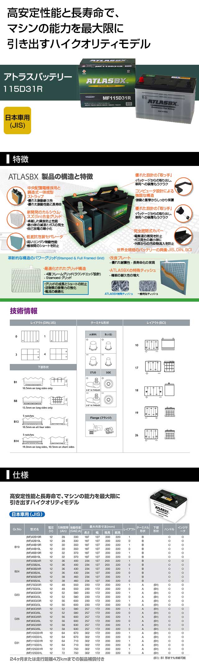 アトラス バッテリー[ATLAS] 115D31R[互換品:65D31R / 75D31R / 85D31R